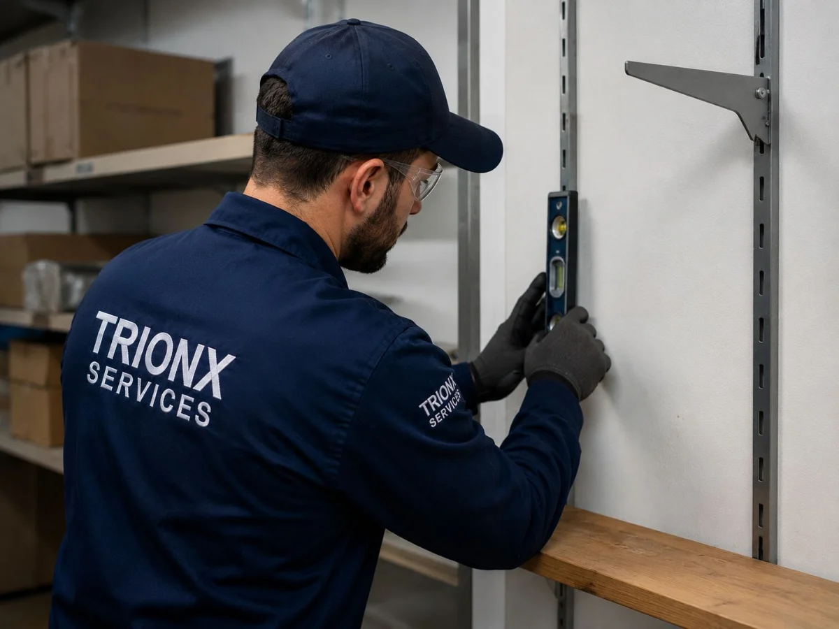 Technician fitting shelving brackets in a commercial stockroom