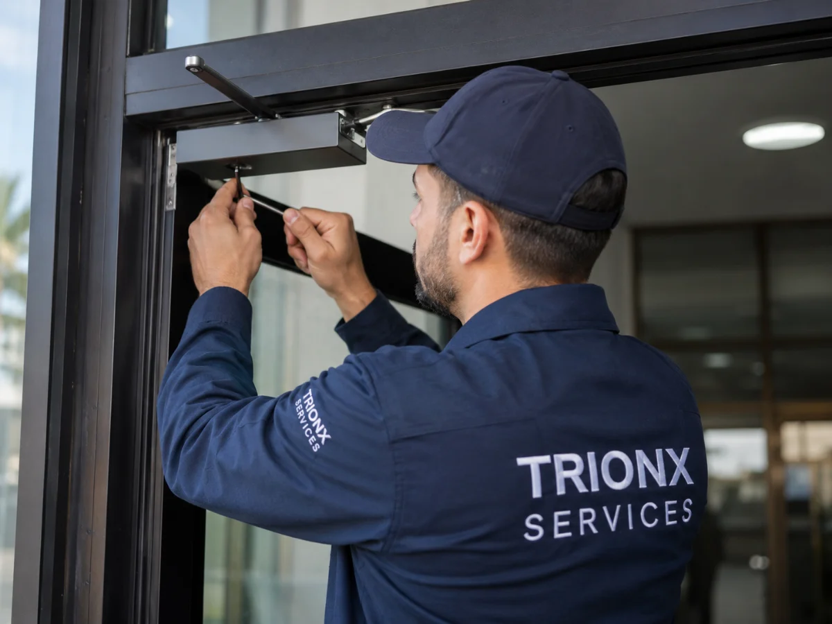 Technician adjusting an overhead door closer on a commercial entrance