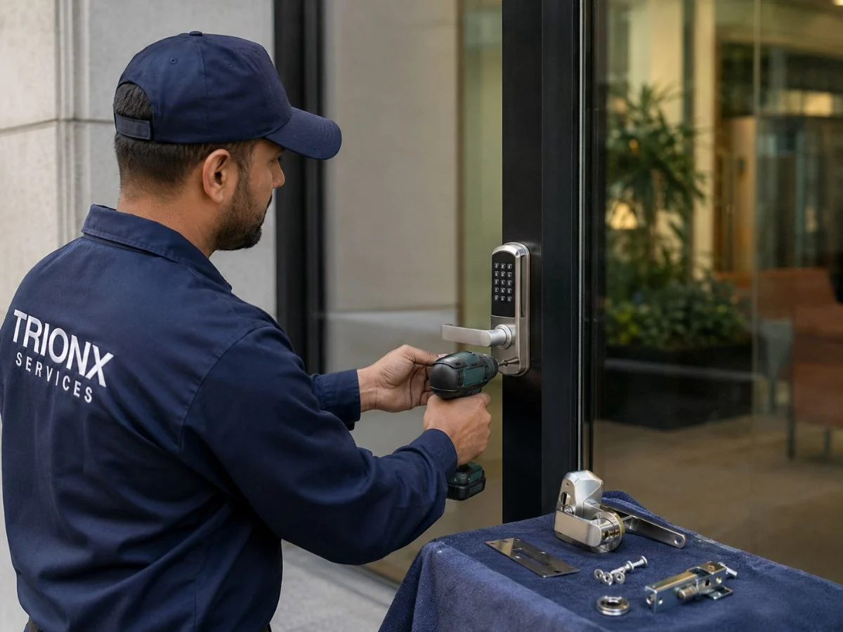Technician installing a keypad entry lock on a commercial glass door
