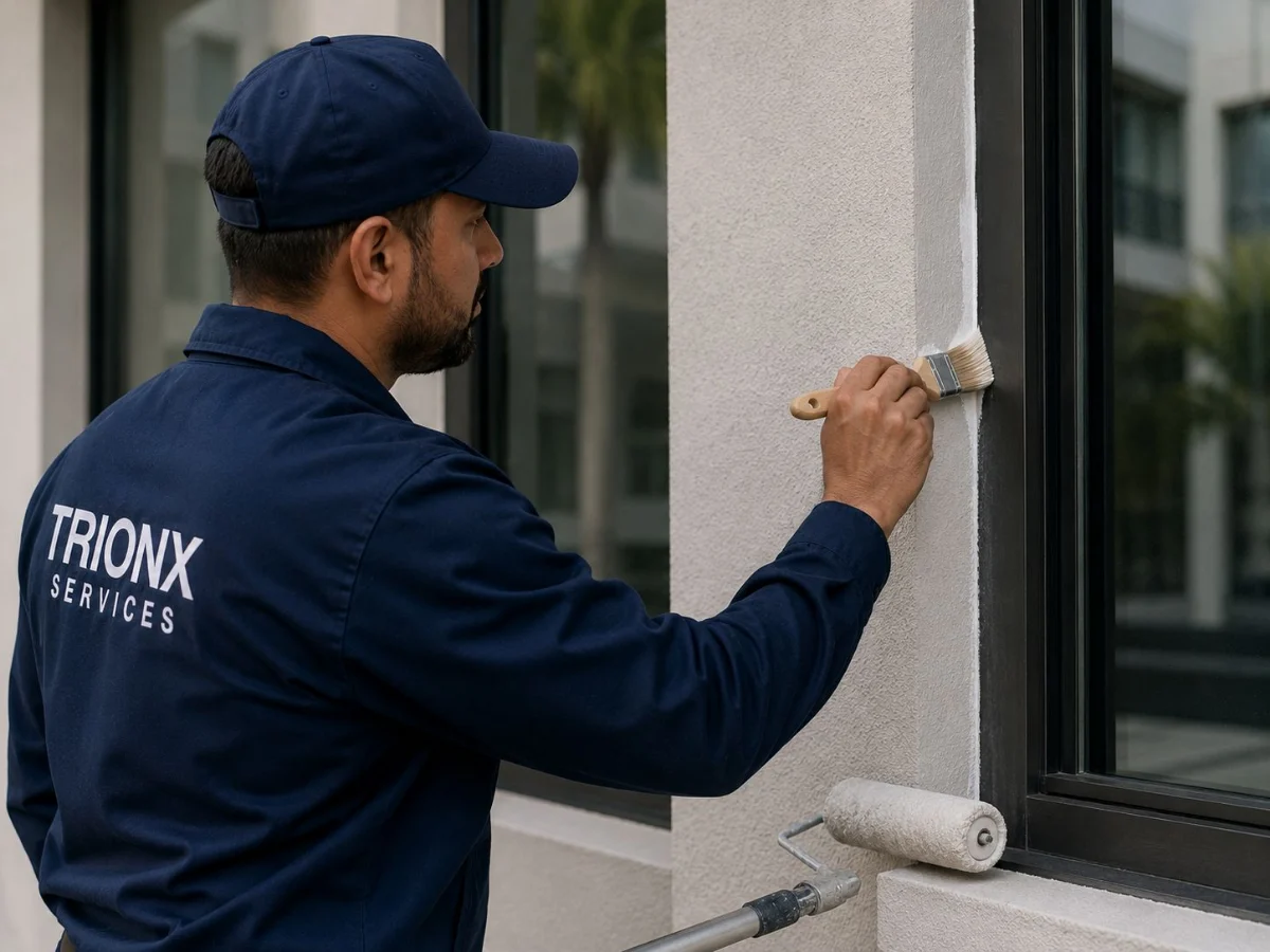 Technician cutting in along a window frame on a commercial exterior wall